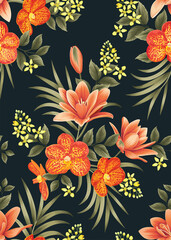 Seamless pattern of Orchid flowers and lily with leaf background template. Vector set of floral element for tropical print, wedding invitations, greeting card, brochure, banners and fashion design.