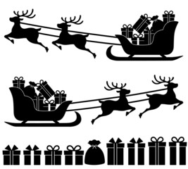トナカイとソリとプレゼントのシルエットイラスト