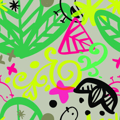 Abstract floral vector pattern illustration. Colorful bright funky pattern on light grey background. Green, yellow, pink plants and leaves ornaments. Black birds, dots and symbols. Botanical pattern.