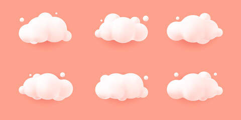 white 3d realistic clouds set isolated on a pink pastel background. Render soft round cartoon fluffy clouds icon in the  sky. 3d geometric shapes vector illustration - obrazy, fototapety, plakaty
