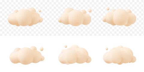 cream 3d realistic clouds set isolated on a tranparent background. Render soft round cartoon fluffy clouds icon in the  sky. 3d geometric shapes vector illustration