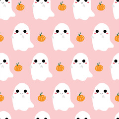 Art & Illustration, Cute white Halloween ghost with pumpkin, seamless pattern vector illustration. 