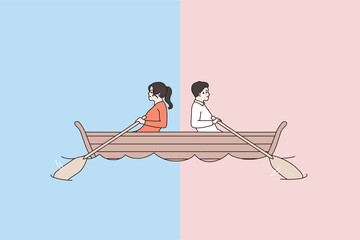 Man and woman in boat row in different direction, not reach goal. Stubborn couple in ship sail in opposite way. Getting nowhere concept. Conflict of interest, breakup, split. Flat vector illustration. - obrazy, fototapety, plakaty