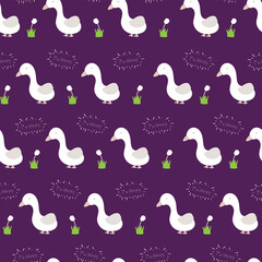 Art & Illustration, Cute white duck on dark purple background with 