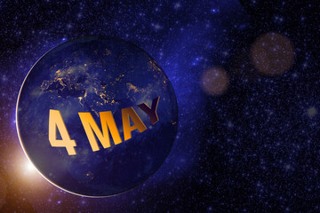 Fototapeta premium May 4th. Day 4 of month, Calendar date. Earth globe planet with sunrise and calendar day. Elements of this image furnished by NASA. Spring month, day of the year concept.