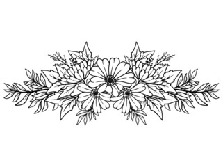 Flowers Line Art Frame Sublimation. Hand drawn flower sketch line art illustration