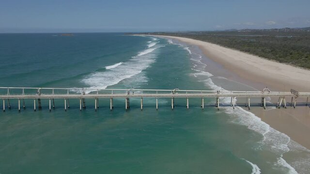 Tweed Sand Bypass Project At Letitia Beach With Fingal Head Beach In Background - Tourist Attraction In NSW, Australia. - aerial approach