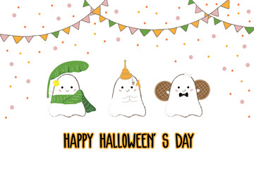 Art & Illustration, Happy Halloween's Day party, set of cute Thai ghosts isolated on white background. Vector illustration.