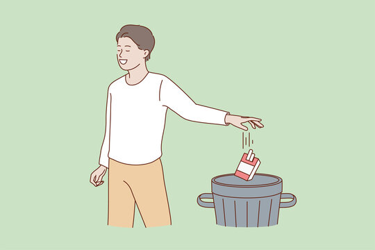 Happy man throw away in trash cigarettes package stop quit smoking. Smiling male refuse from nicotine addiction. Healthy lifestyle, body care, healthcare concept. Flat vector illustration. 