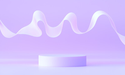 Lavender 3d mock up podium with flying white ribbon on a light background. Abstract Modern platform for product or cosmetics presentation. Bright Stylish contemporary backdrop. Render scene.