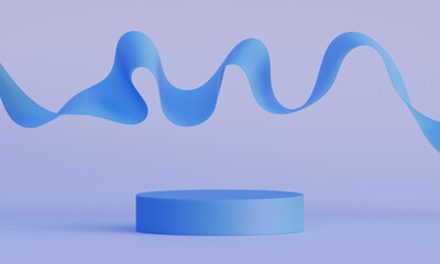 3d mock up podium with flying blue ribbon on a light blue background. Abstract Modern platform for product or cosmetics presentation. Stylish contemporary backdrop. Render scene with geometric shapes.