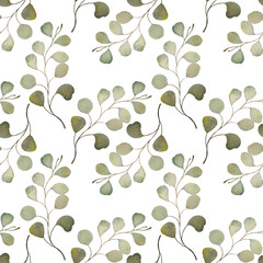 Seamless watercolor floral pattern - green leaves and branches composition on white background, perfect for wrappers, wallpapers, postcards, greeting cards, wedding invitations, romantic events.