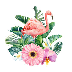 Watercolor tropical leaves, flowers and birds. Botanical Illustration plumeria, orchid and flamingo bird, poster © Hanna