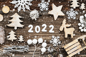 Rustic Wooden Christmas Decoration, 2022, Seld And Tree, Snowflakes