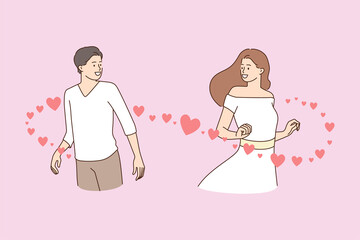Smiling man and woman fall in love at first sight. Happy male and female meet encounter in street get attracted. Affection, relationship concept. Cartoon character, flat vector illustration. 