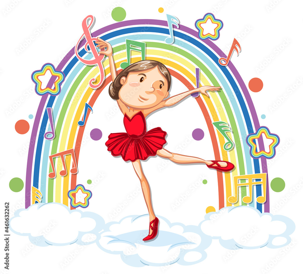 Poster Ballerina dancing on the cloud with melody symbols on rainbow