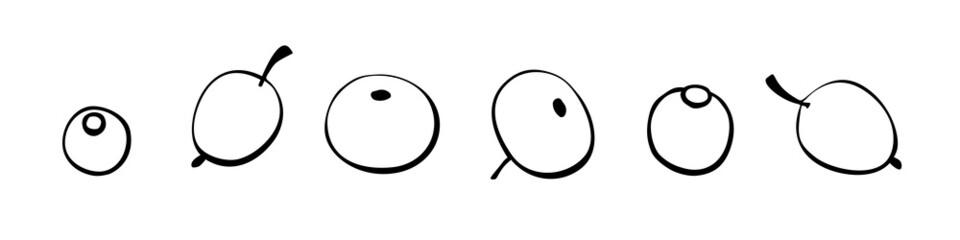 Vector small hand drawn outline berries singly. Rowan berries, viburnum, blueberry, mistletoe, holly, lingonberry, cranberry. Decorative design element, clipart in doodle, isolated