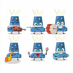 Cartoon character of reloadable mortar playing some musical instruments