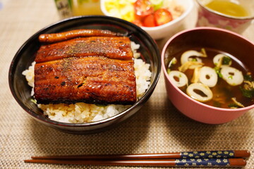 日本の家庭料理　カジュアルなお昼ご飯、晩ご飯
みんなが大好きな鰻丼　うなぎと丼 - obrazy, fototapety, plakaty