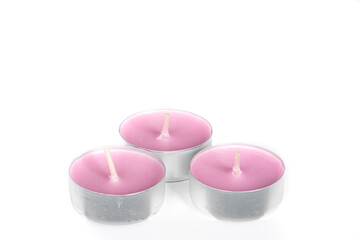 Lilac scented candle isolated on white background. Product photography. Home decor concept. Decoration.