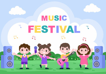 Obraz na płótnie Canvas Music Festival Background Vector Illustration With Musical Instruments and Live Singing Performance for Poster, Banner or Brochure Template