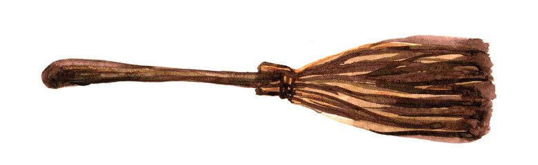 witch broom watercolor, clip art witch broom for Halloween decorations, old broom isolated on white