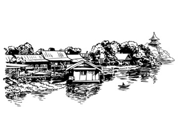 Sketch of village houses, Buddhist temple and boat on river, Hand drawn vector illustration