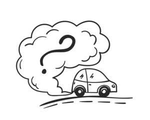 Cartoon car blowing exhaust fumes question mark sign, Doodle smoke cloud from automobile, Environmental concept pollution, Hand drawn illustration isolated on white background, Vector simple sketch