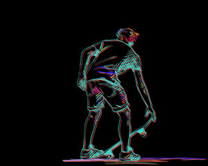 Skateboarder in shorts holding skateboard, Back view Colorful freaky line art sketch on black background, Hand drawn vector illustration
