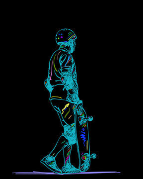 Skateboarder in full protection and helmet stands and holds skateboard Colorful line art sketch on black background, Hand drawn vector illustration