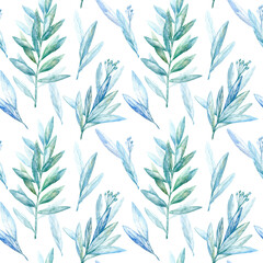 Floral seamless pattern.Eucalyptus branches.Pattern for fabric, paper and other printing and web projects.Watercolor hand drawn illustration.	