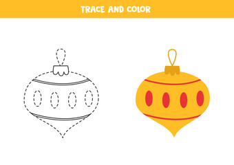 Trace and color cartoon Christmas ball. Worksheet for kids.