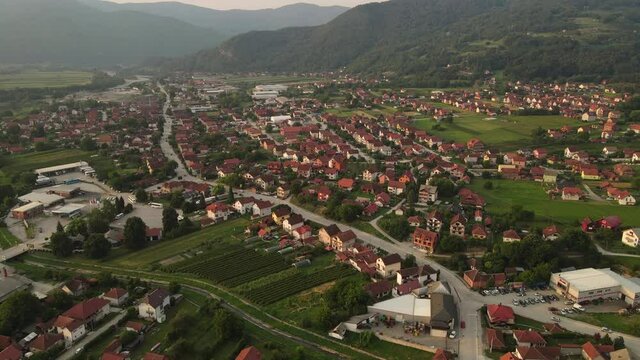 Bajina Basta, Serbia. Aerial View of Cityscape, Valley Town by Drina River, Drone Shot