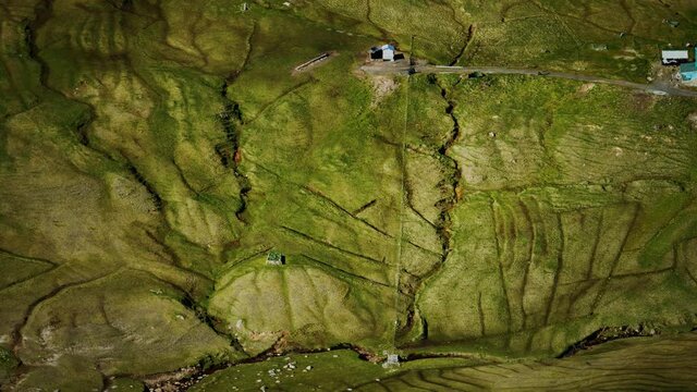 aerial view of green landscape in Faroe Islands