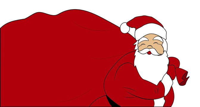 Cute happy Santa Claus with a huge bag on the run to delivery christmas gifts. Copy space for your text. Vector illustration for card, banner design.