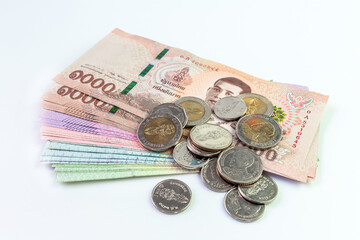 money banknote thai baht on white background, savings money and financial business concept - obrazy, fototapety, plakaty