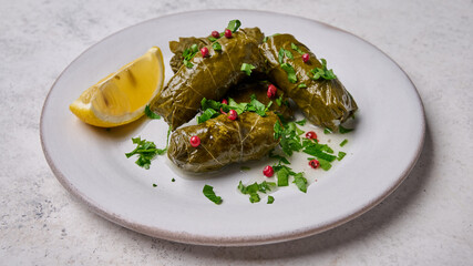 Close up dolma or tolma, stuffed grape leaves with rice, meat, parsley, pepper and lemon in white plate. Panoramic orientation