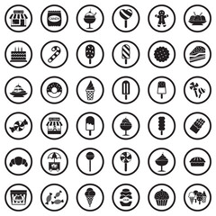 Candy Shop Icons. Black Flat Design In Circle. Vector Illustration.