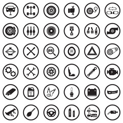 Car Parts Icons. Black Flat Design In Circle. Vector Illustration.
