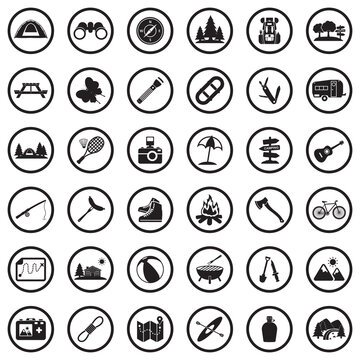 Camping Icons. Black Flat Design In Circle. Vector Illustration.