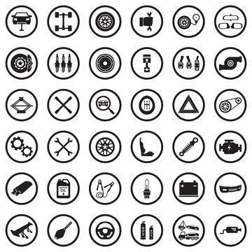Car Parts Icons. Black Flat Design In Circle. Vector Illustration.