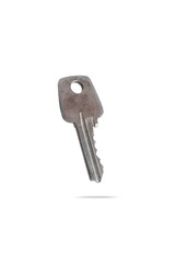  not new, old metal key from apartment house isolated on white background