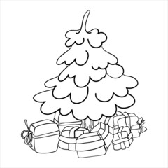 Gifts under the tree. Coloring. Vector