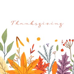 Happy thanksgiving greeting cards and invitations. Celebration poster with text, autumn leaves, berries for postcard, banner. Vector calligraphy lettering holiday quote