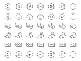 Money vector line icon set with a currency symbol. coin, bill, hand, pouch