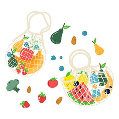 Cotton eco shopping net with vegetables, fruits and healthy drinks. Dairy food in reusable eco friendly shopper bag. Zero waste, plastic free concept. Flat trendy design