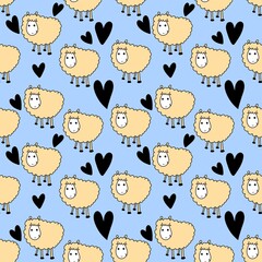 Seamless kids cartoon pattern with sheeps on white background