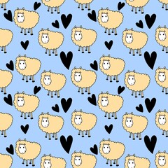 Seamless kids cartoon pattern with sheeps on white background