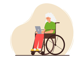 A happy elderly woman is sitting with a laptop in a wheelchair . A smiling adult grandmother with gray hair and glasses uses a computer. Color vector illustration on a spot background.