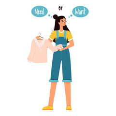 Young girl with dark hair in shorts and a T-shirt holds a blouse in her hands and thinks she needs it or wants it. Reasonable consumption,hyperconsumption, choice of clothing. Flat vector illustration